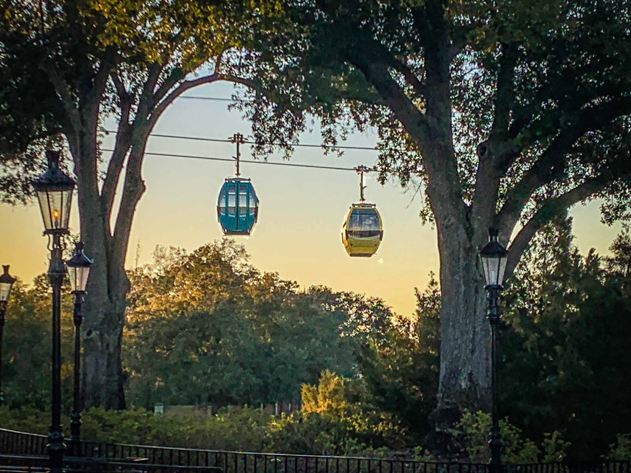 Gondolas on the Disney World Skyliner as seen from EPCOT