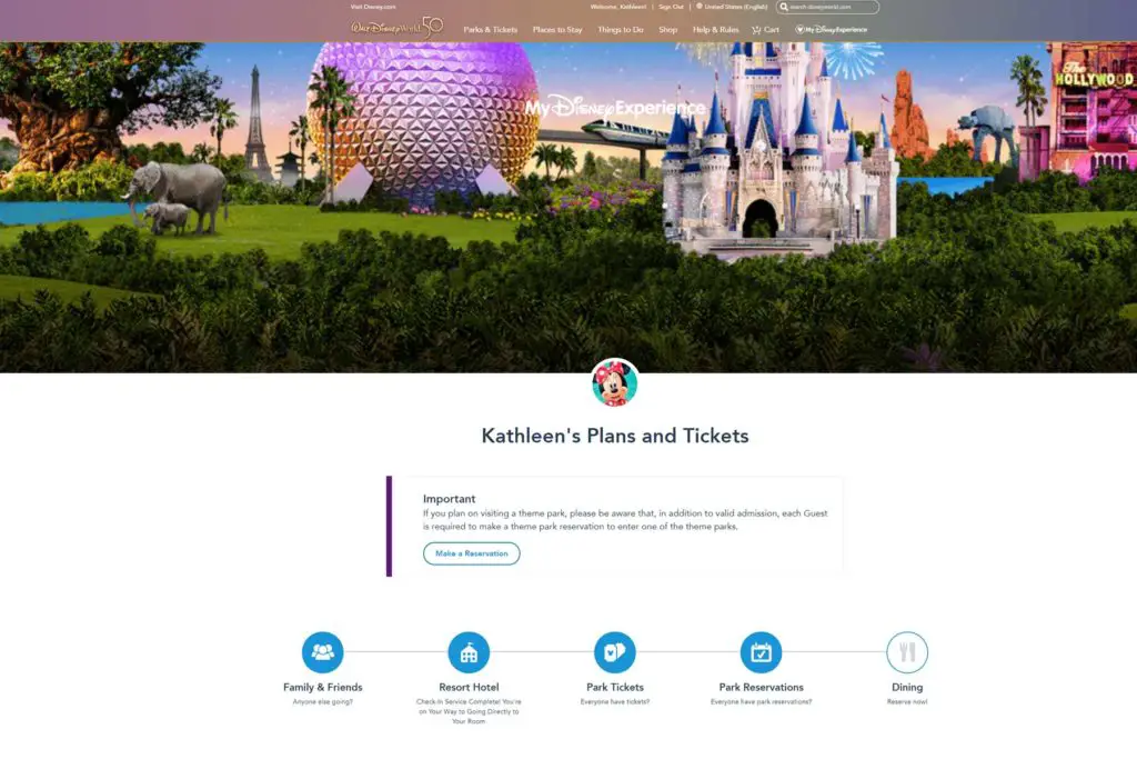 screen shot of My Disney Experience page