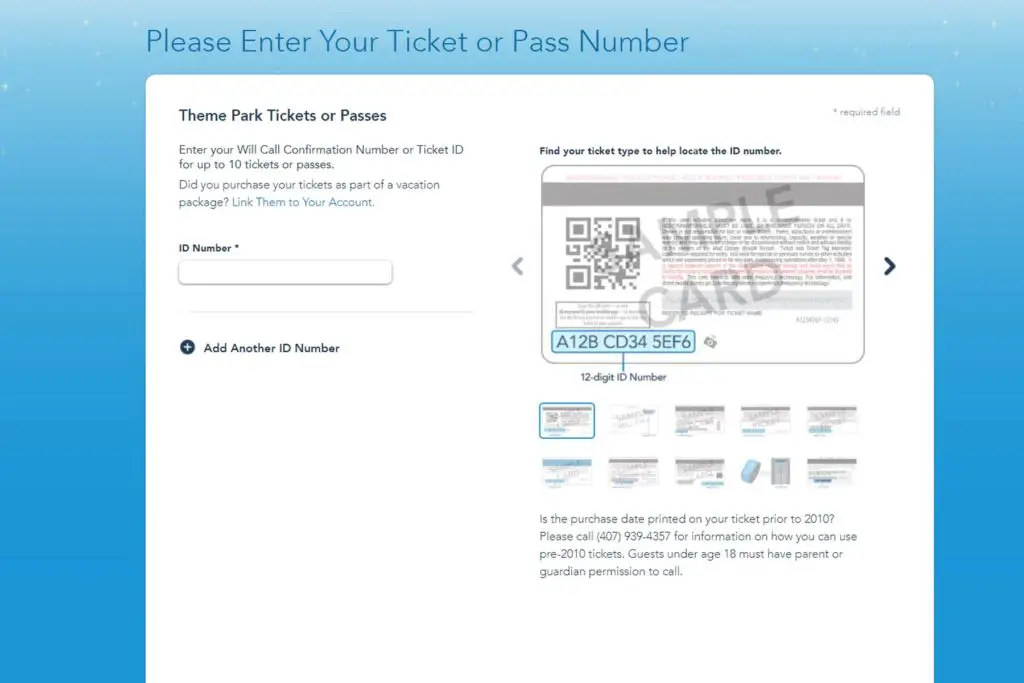 My Disney experience link ticket page