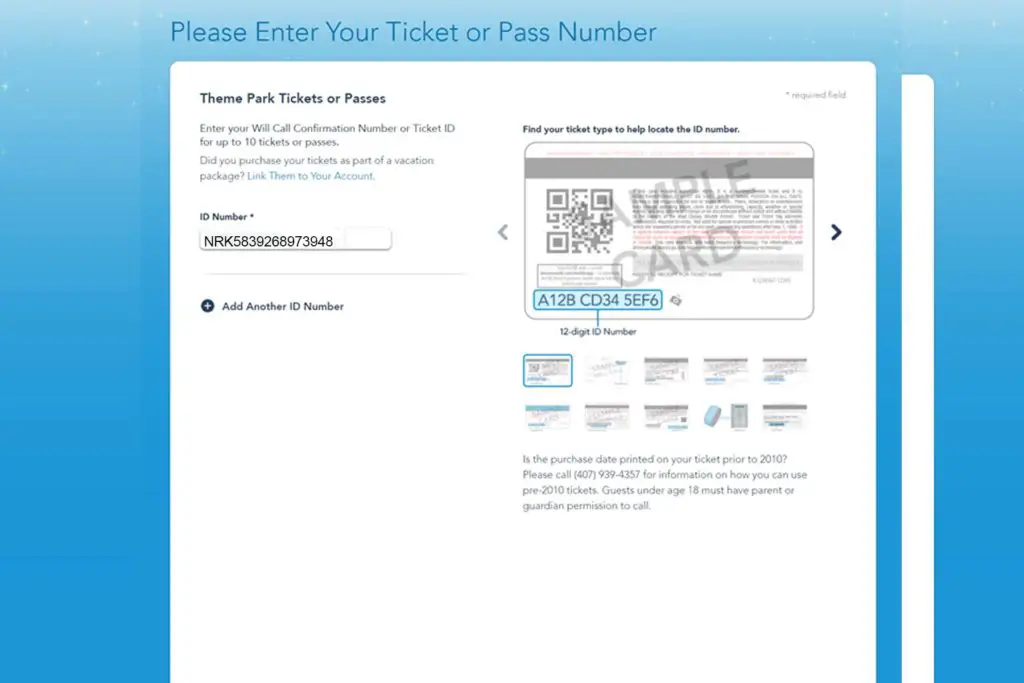 Link tickets to My Disney Experience account location for inserting ticket number