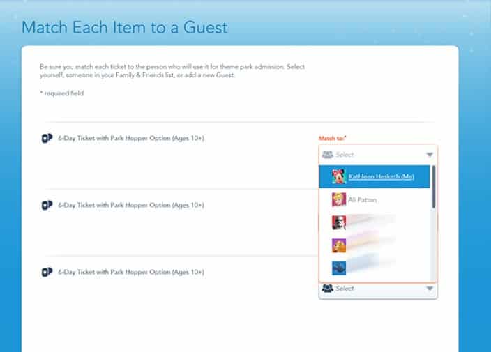 Matching names to tickets in My Disney Experience