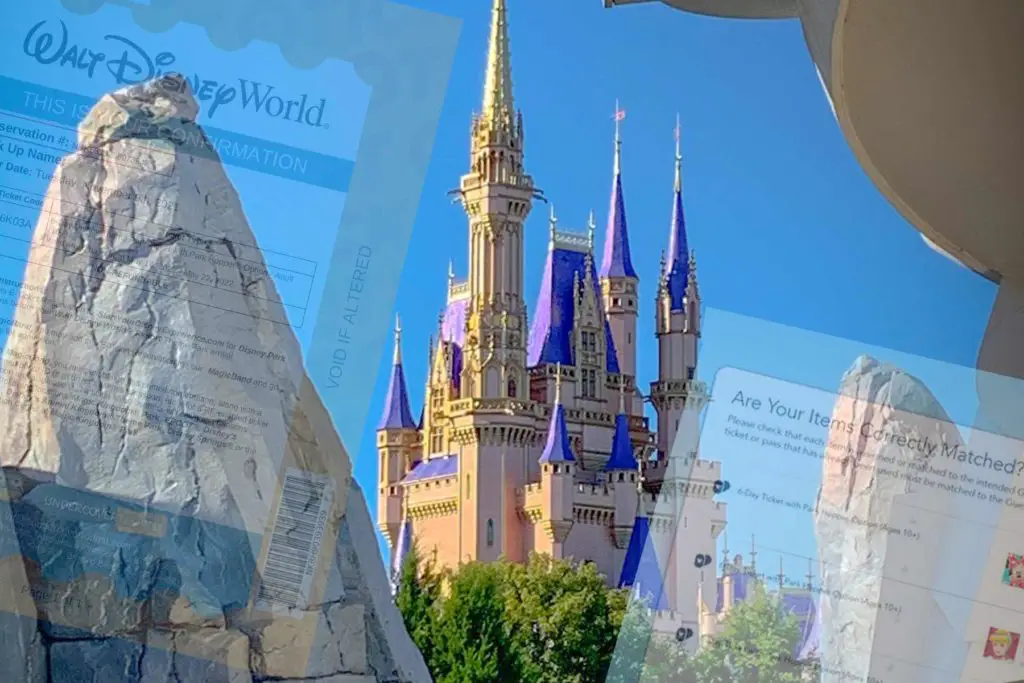 Screenshots on how to link tickets with My Disney Experience shown over Cinderella's castle