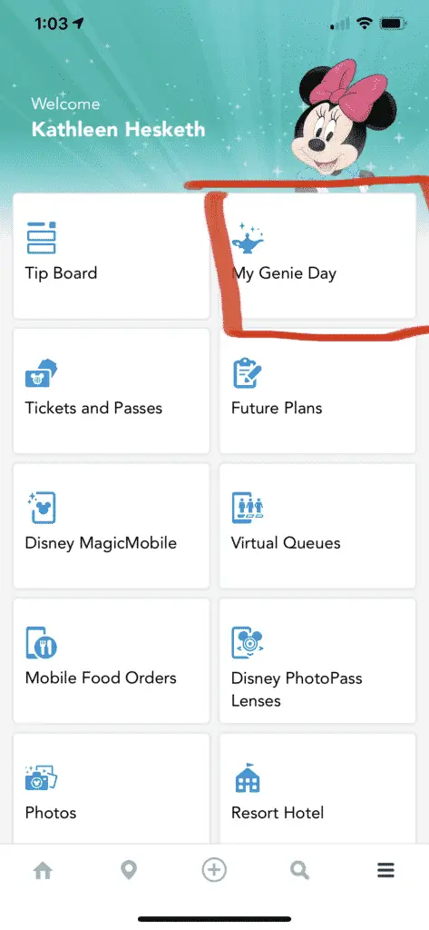 Screenshot from My Disney Experience app featuring disney world genie plus reservation system