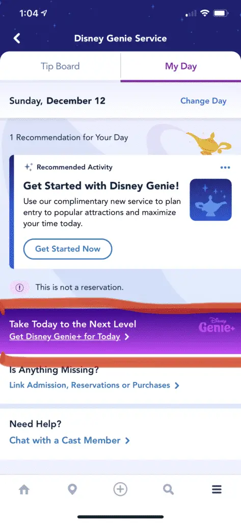 Screenshot from my disney experience app featuring disney world genie plus reservation service