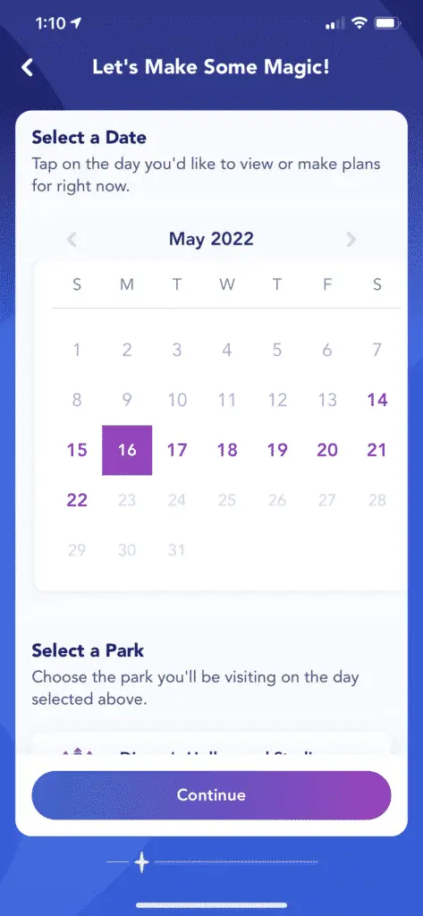 Select park screenshot for making disney world genie plus reservation