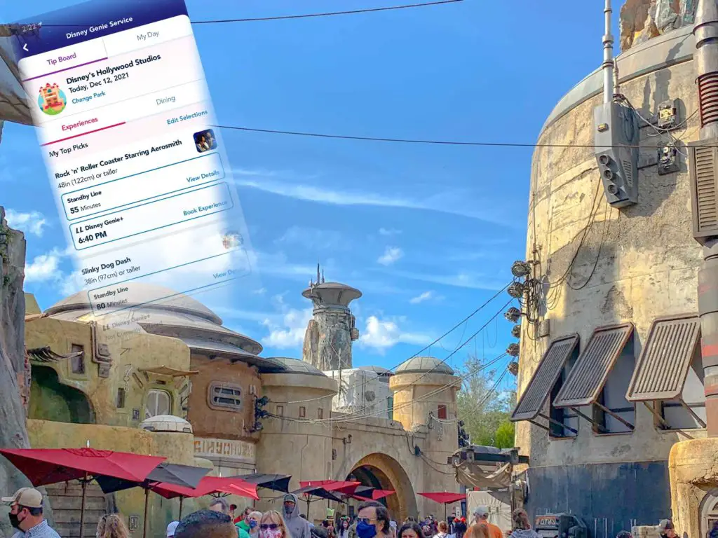 Disney World Genie Plus screenshot over scene from Disney Hollywood Studioes Star Wars Land