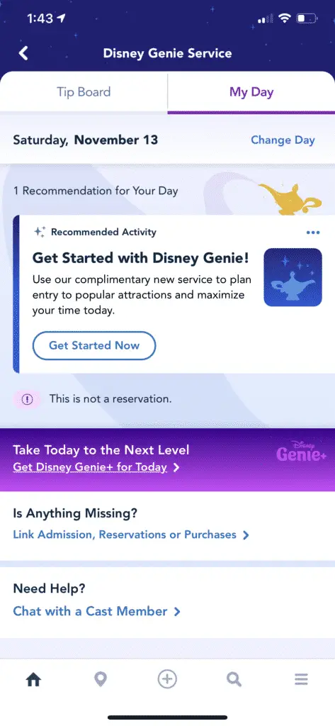 Screenshot of Disney World Genie service in the My Disney Experience app.