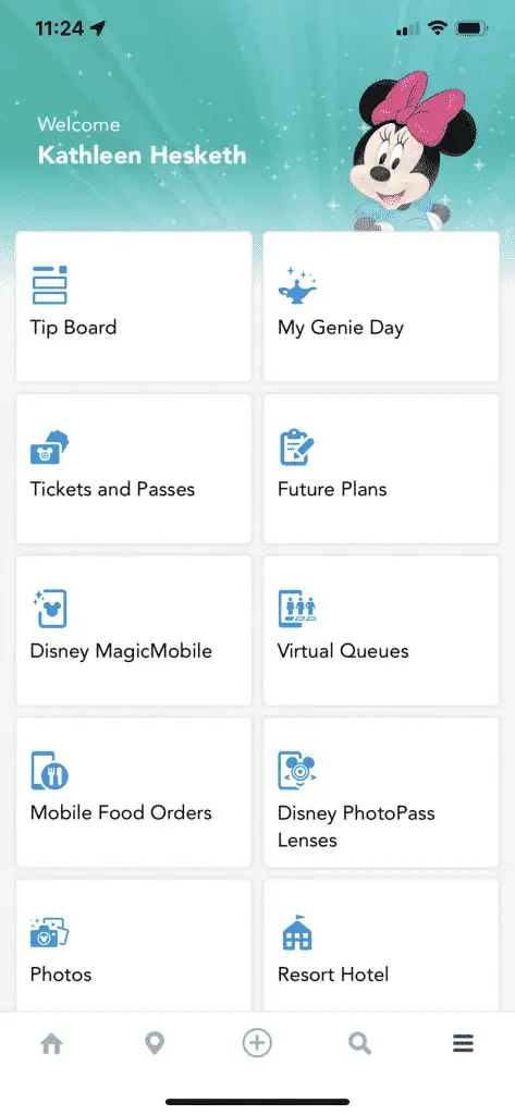 Screenshot of main menu from My Disney Experience app.