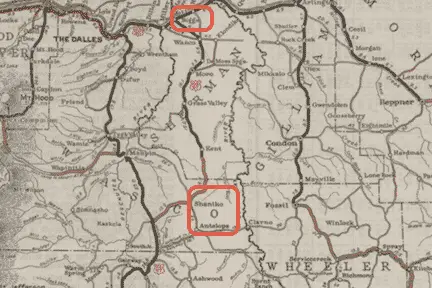 Map of ghost towns of central Oregon Shaniko and Antelope