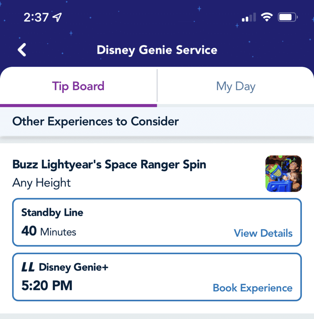 Screenshot of the My Disney Experience app showing a Disney World LIghtning Pass return time