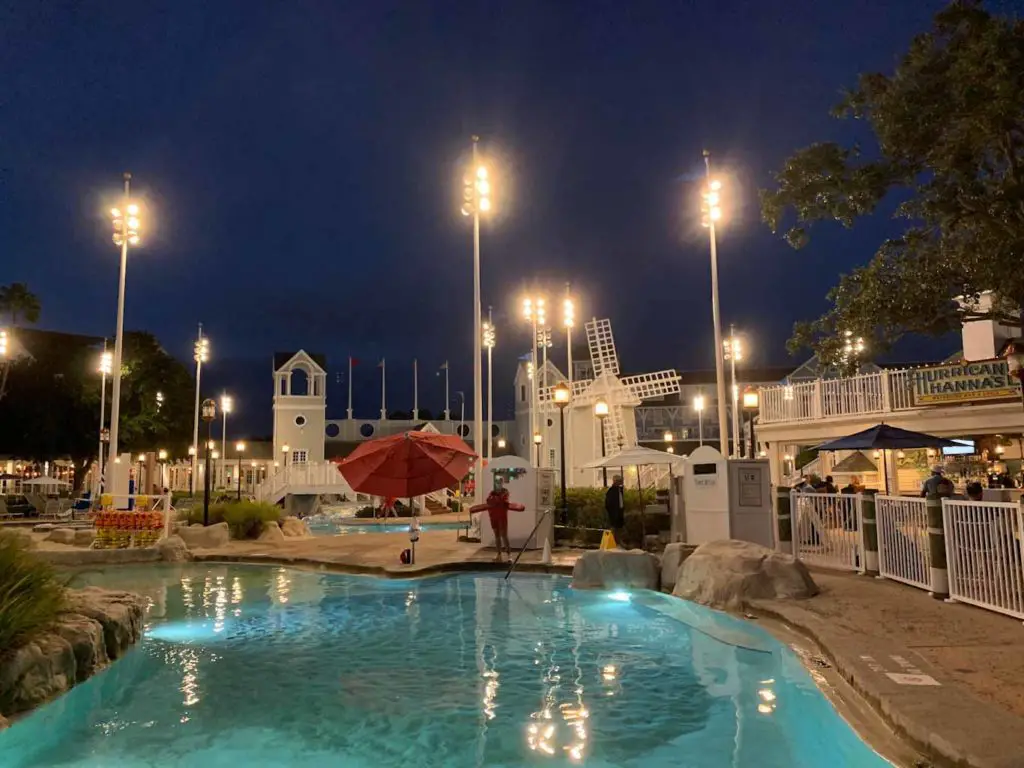 Disney's Beach Club waterpark open at night during July in Disney World.