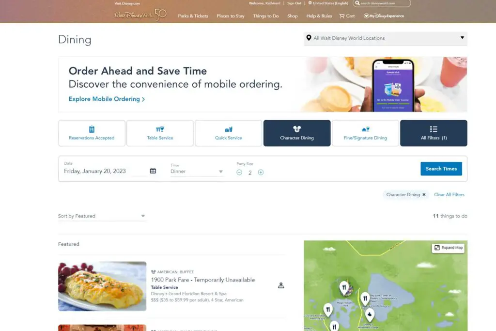 Screenshot of Disney World advanced dining reservation site.