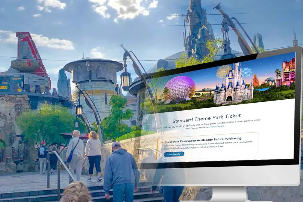 Screenshot of Disney park reservations composed over picture of Galaxy's Edge.