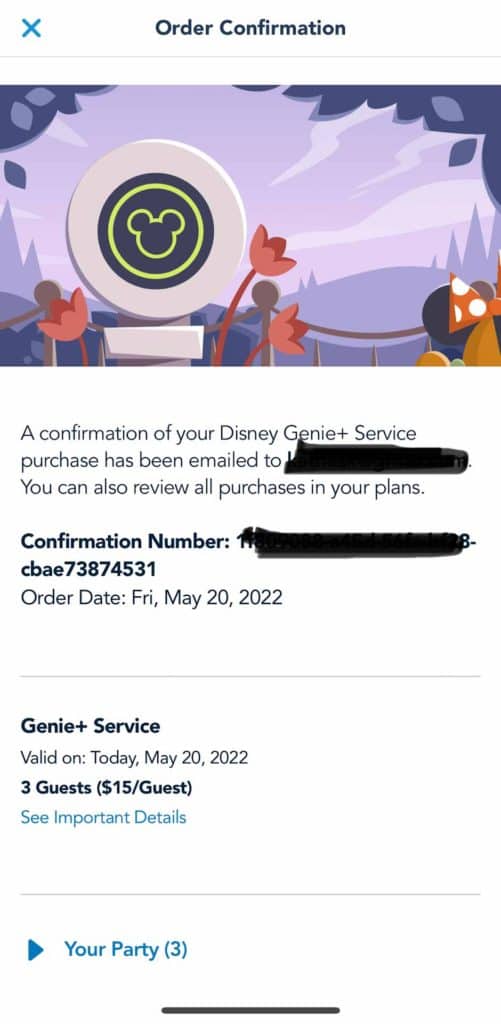 Conformation of Disney World Genie+ purchase