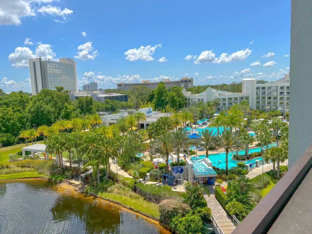 Offsite resorts, such as Hilton Lake Buena Vista Palace  as seen from upper floor balcony
