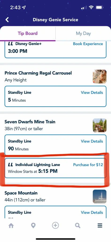Screenshot of My Disney Experience app and booking of the Individual Lightning Lane at Disney World