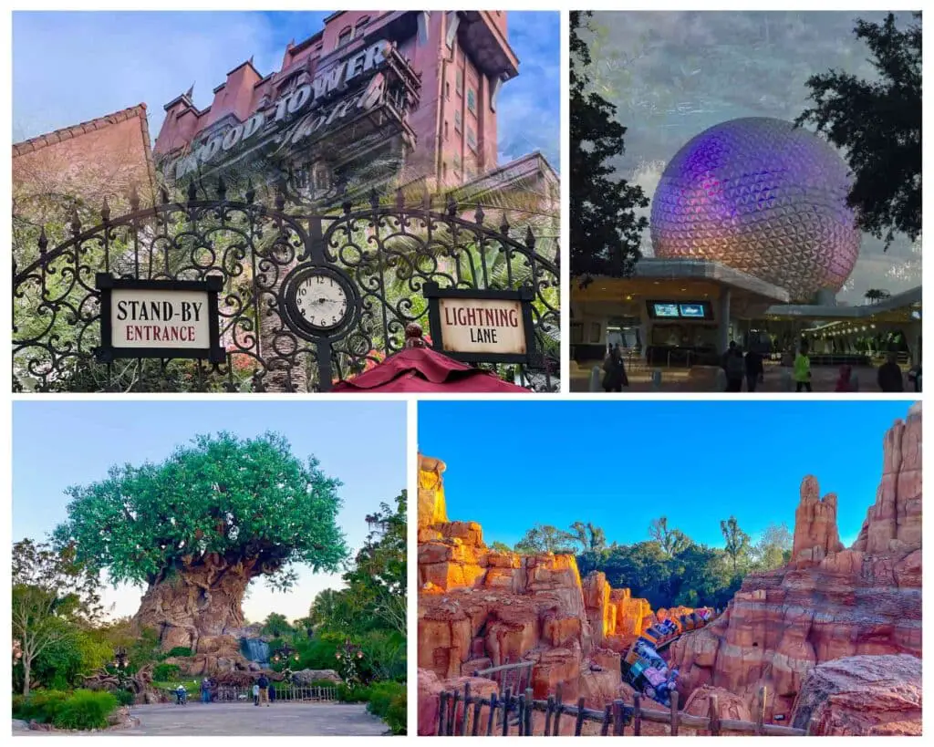 Photo collage of 4 disney world theme parks where FastPass was available