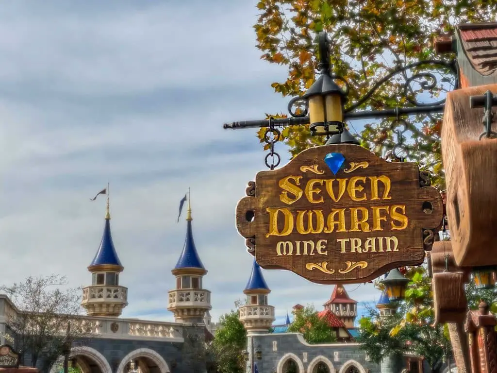Seven Dwarfs Mine Train Sign, an Individual Lightning Lane ride at Disney World