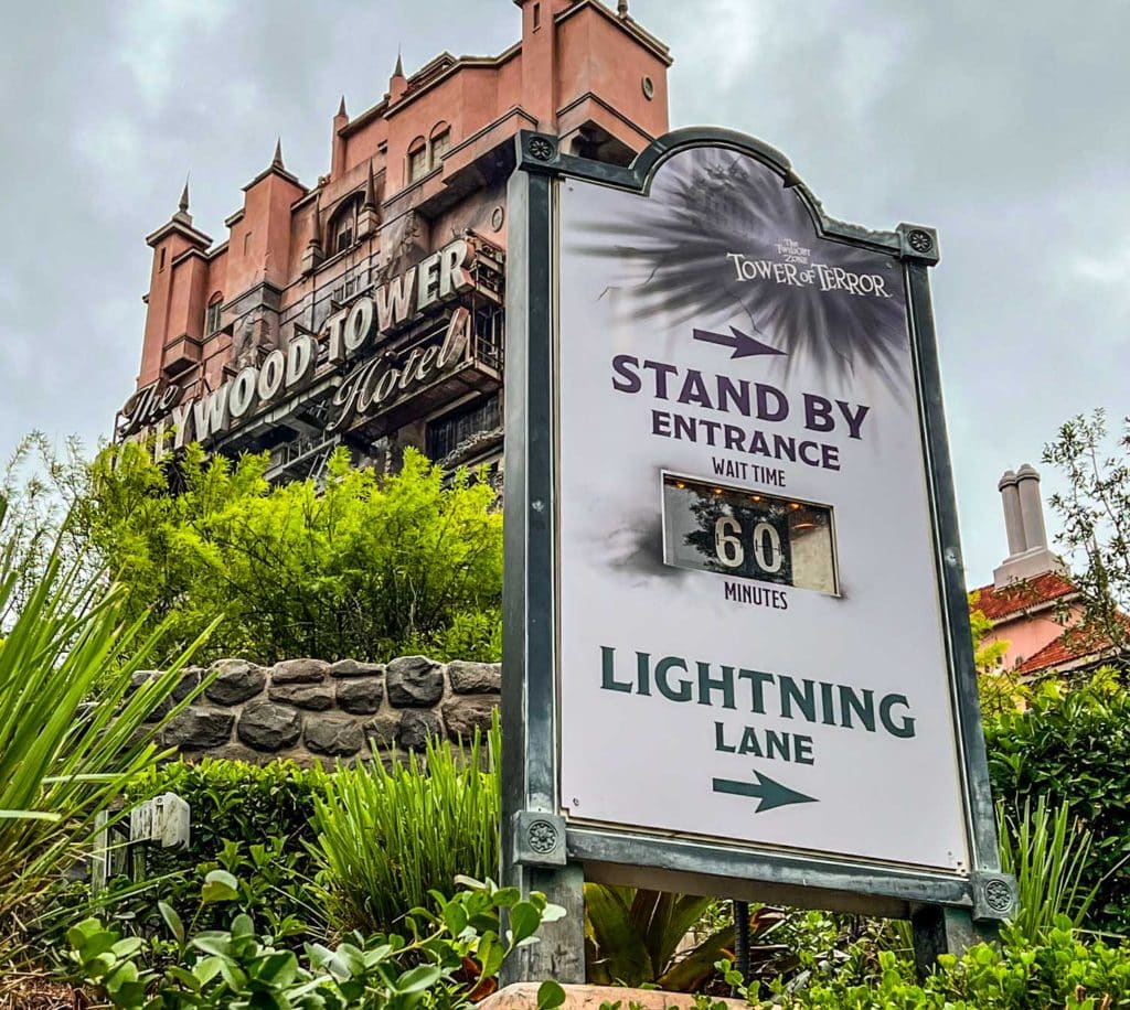 Lightning Lane Multi Pass Sign in front of the Tower of Terror Ride at Disney Hollywood Studios.