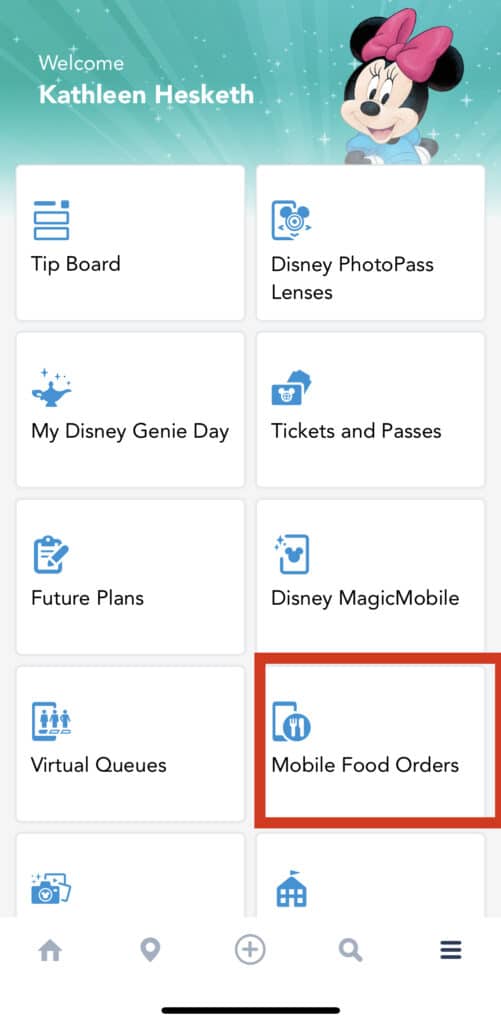 My Disney Experience app mobile order option