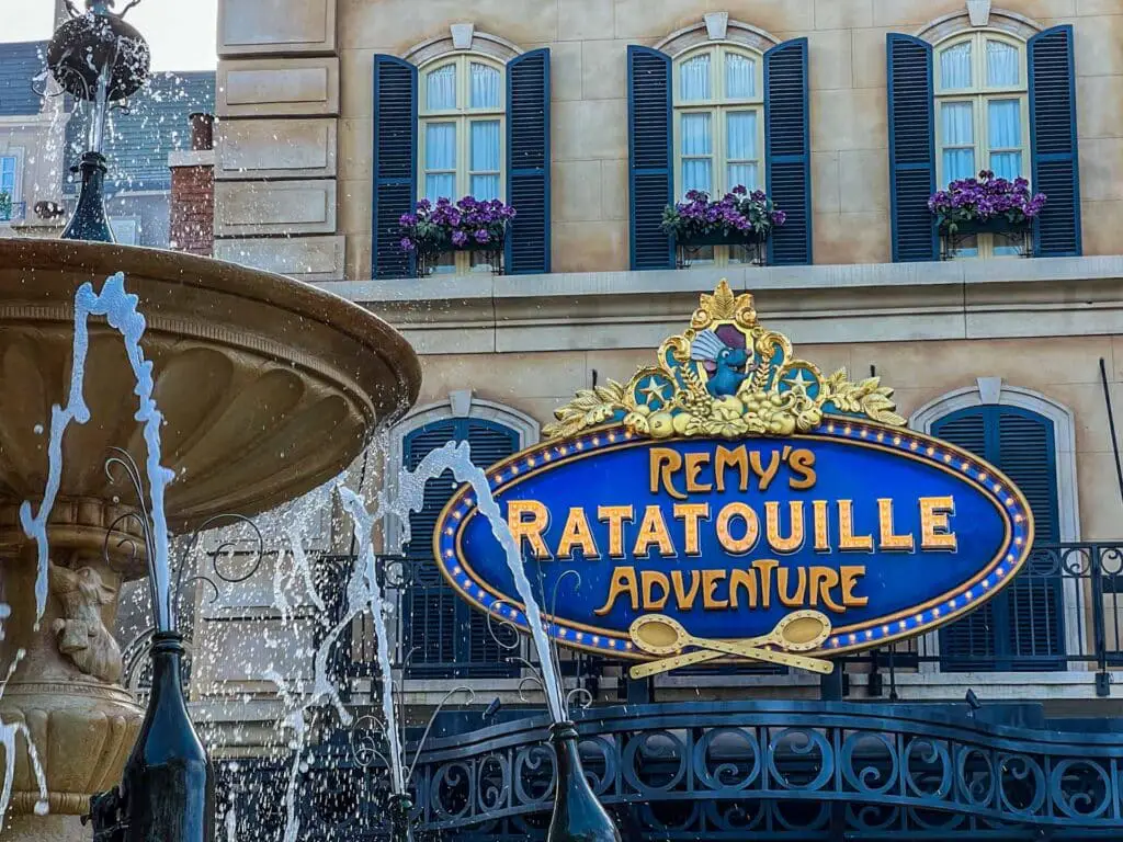 Exterior shot for EPCOT park's France pavilion, featuring Remy's Ratatouille Adventure.