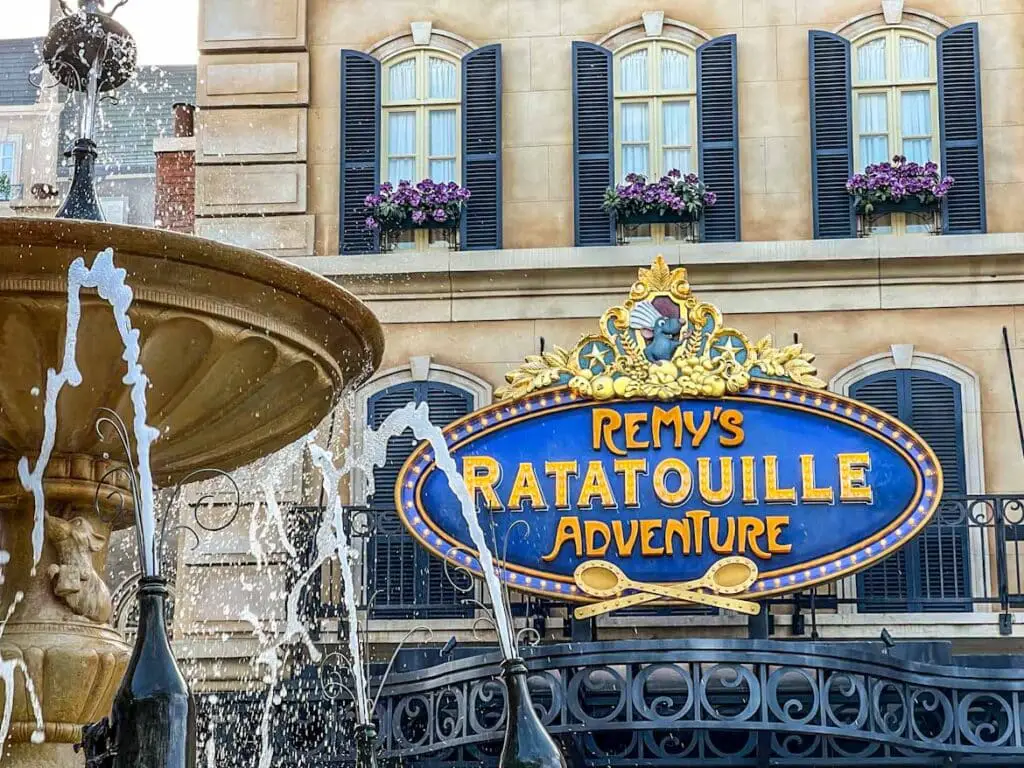 Exterior of Remy's Ratatouille Adventure ride, and experiece worth using the EPCOT Genie Plus system.