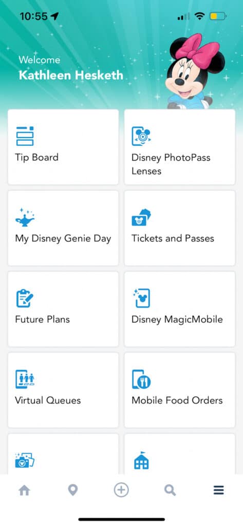 My Disney Experience app home screen for setting up Disney Mobile Magic pass.