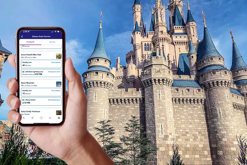 iphone showing Magic kingdom Genie Plus booking screen in the My Disney Experience app.