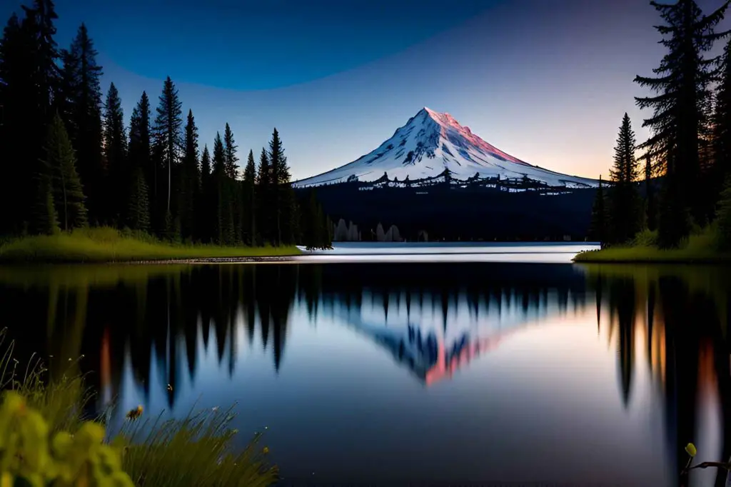 A view of Mount Hood as it reflects across the surface of Trillium Lake