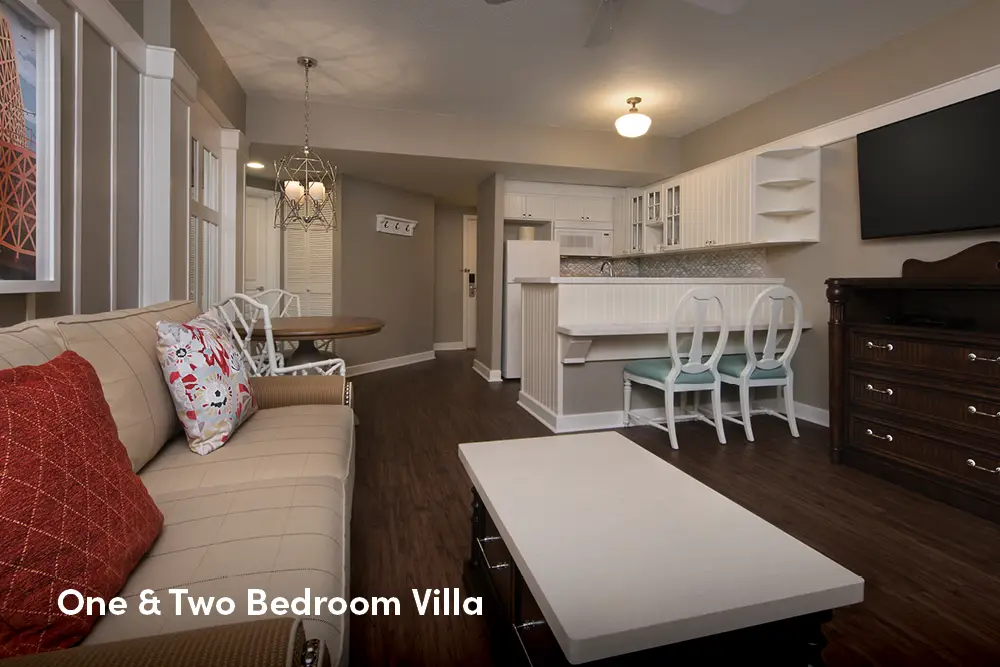 Living and kitchen area of a one or two bedroom villa at Disney Boardwalk Villas.