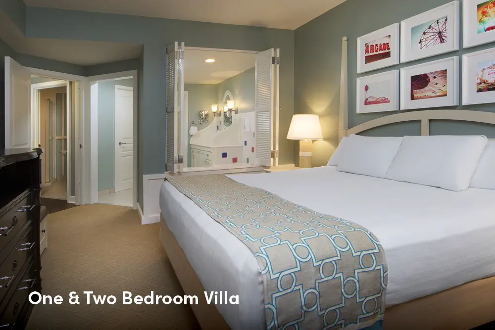 Disney Boardwalk Inn Villa king room in a one and two-bedroom unit.