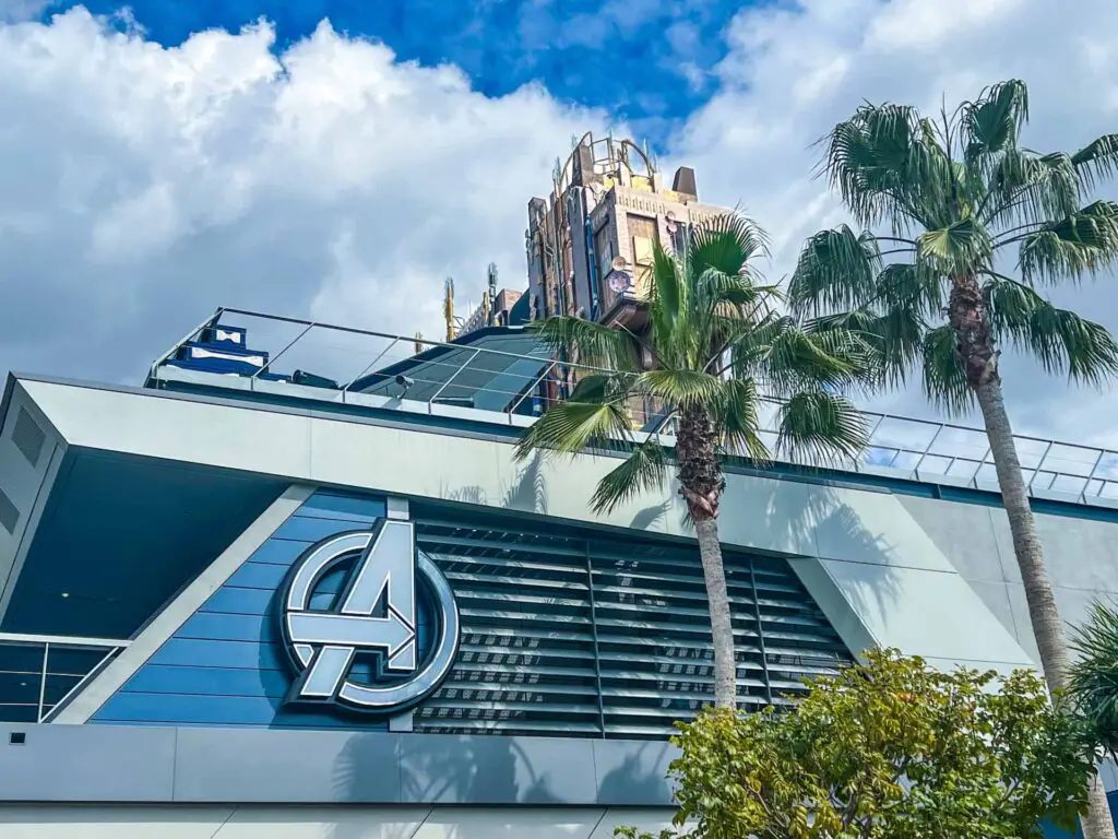 Avengers Campus, featuring Guardians of the Galaxy Mission: Breakout in the background at Disney california Adventure.