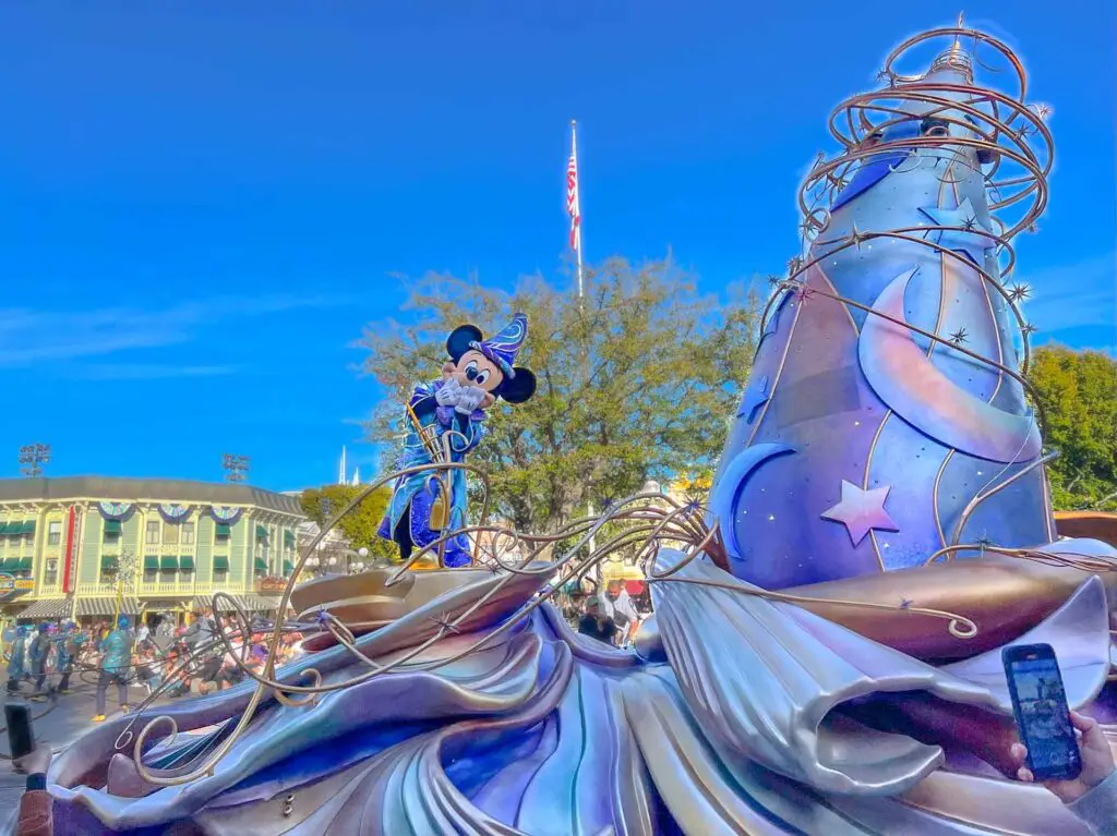 Mickey Mouse on a float during the Magic Happens Parade at Disneyland