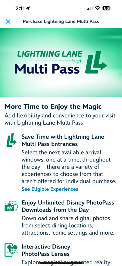 Screenshot of Disneyland Multi Pass purchasing screen.