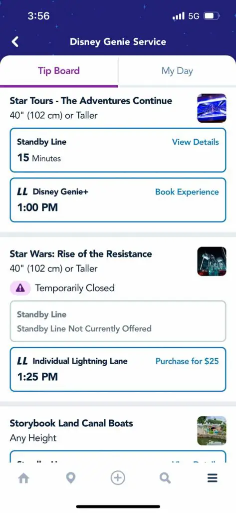 Screenshot of a Disneyland Genie+ ride return time for Star Tours.