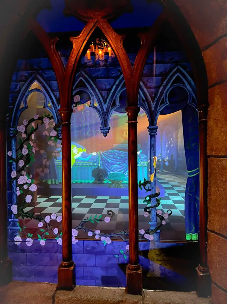 scene inside Disneyland Castle depicting Sleeping beauty in eternal sleep on her bed.