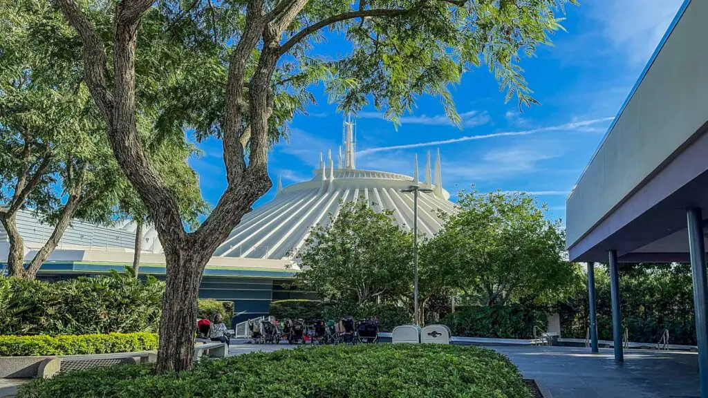 Space Mountain ride exterior, viewed from behind a tree.