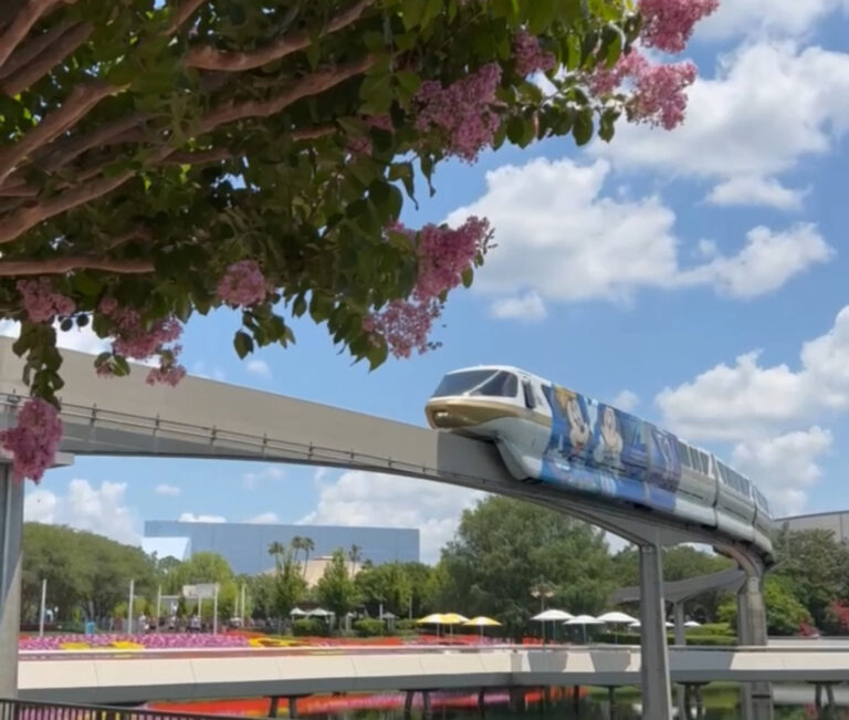 Monorail glides through EPCOT park offering guests things to do around Disney World