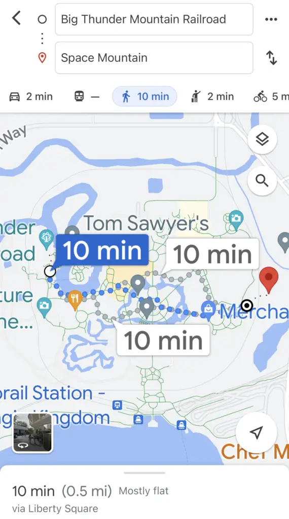 Google map showing how long it would take to walk from Space Mountain to Thunder Mountain during a day at Magic Kingdom