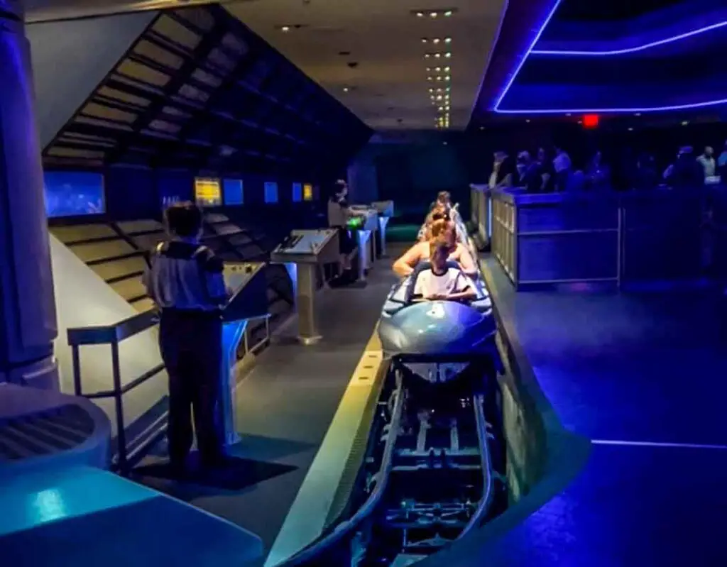 Space Mountain ride cars inside one of the top rides at Magic Kingdom