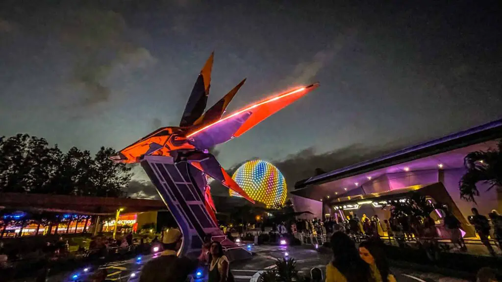 Guardians of the Galaxy: Cosmic Rewind ride lit up in front of Spaceship Earthy during Disney World Extended hours.