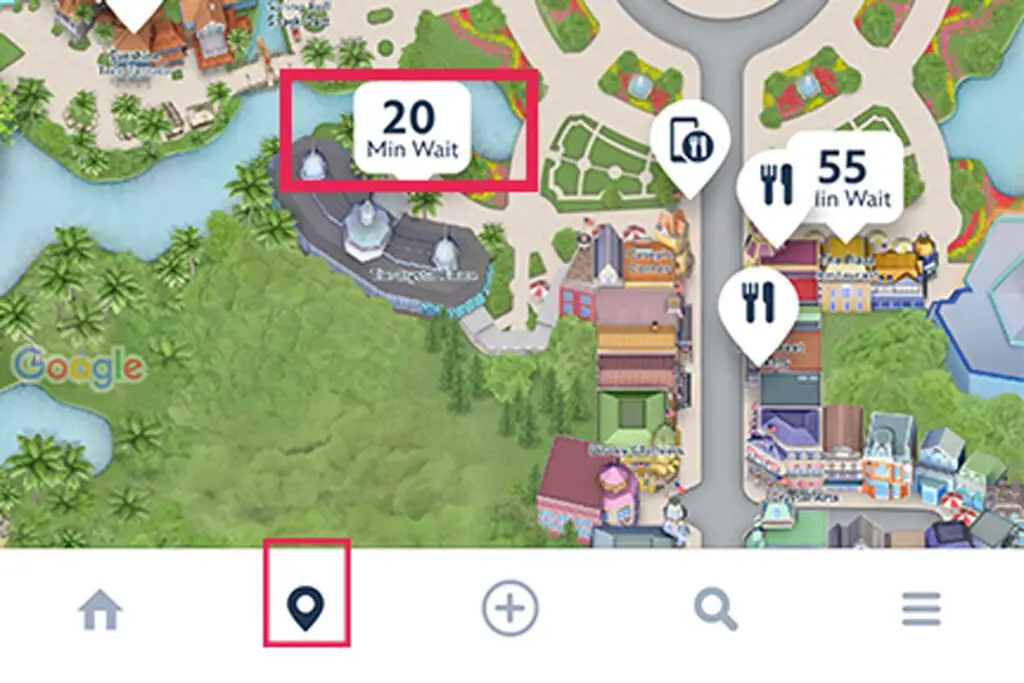 A screenshot of the My Disney Experience app, showing a map of Magic Kingdom and wait times for various restaurants.