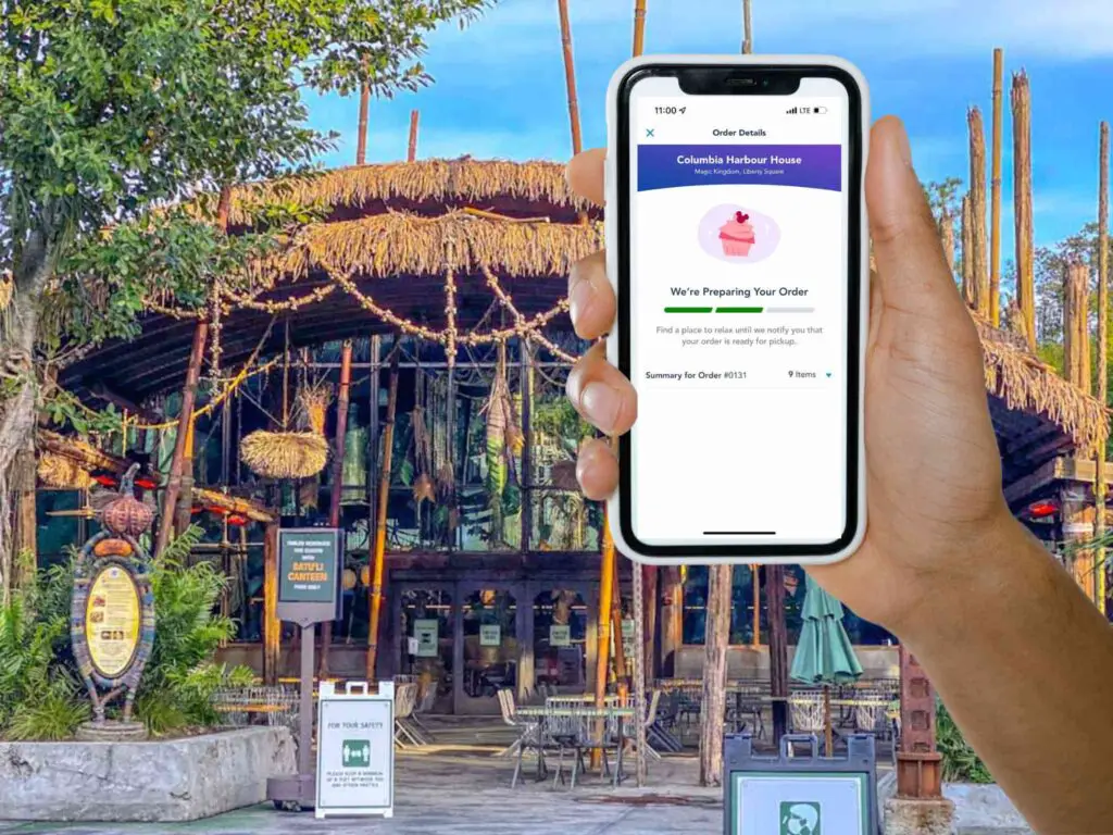 Disney World mobile order screen on phone in front of restaurant