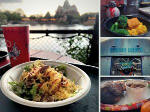collage of food and restaurants that can be mobile ordered at Disney World