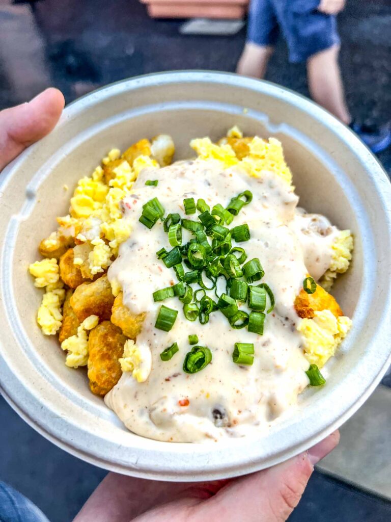 Potato barrels with egg smothered in gravy breakfast option at Hollywood Studios.