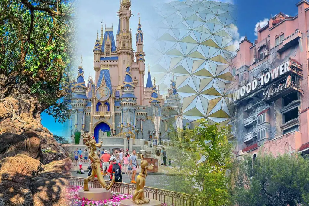 Pictures of 4 Disney World theme parks blend together.