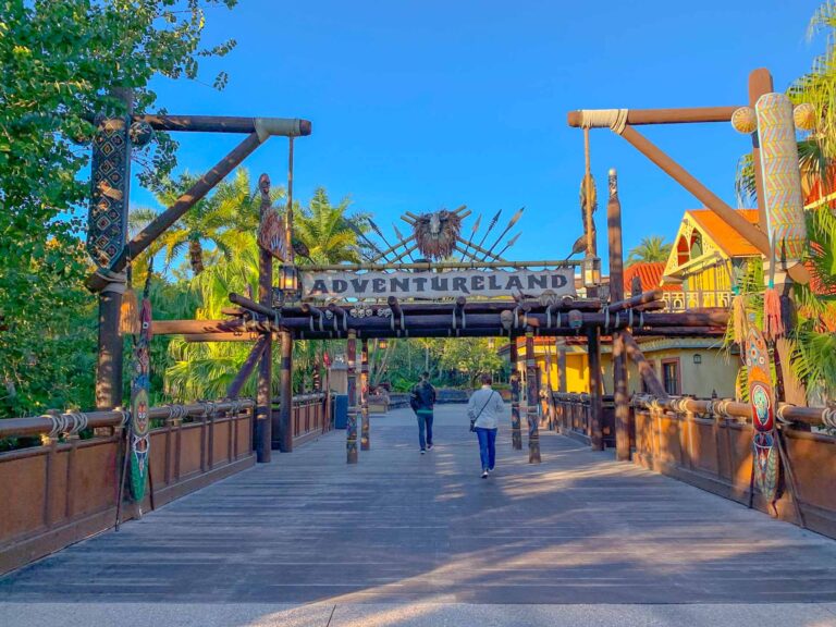 empty walkways under Adventureland sign at Disney World in January