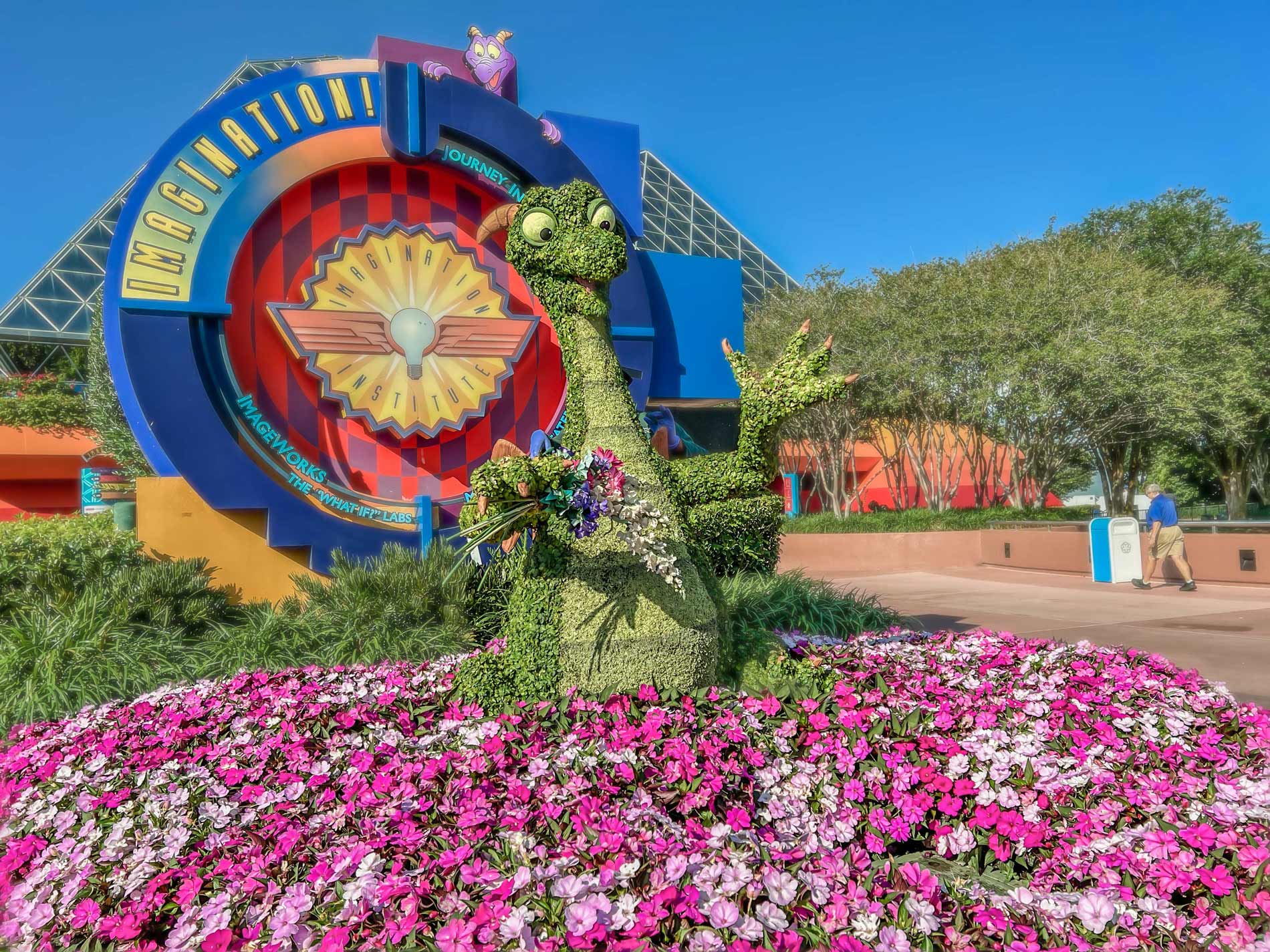 Figment character in a bed of flowers at EPCOT Flower and Garden Festival at Disney World in spring