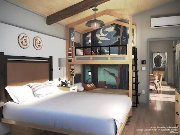 queen sized bed takes center stage in Cabin at Fort Wilderness with 2 bunk beds built into the wall behind it.