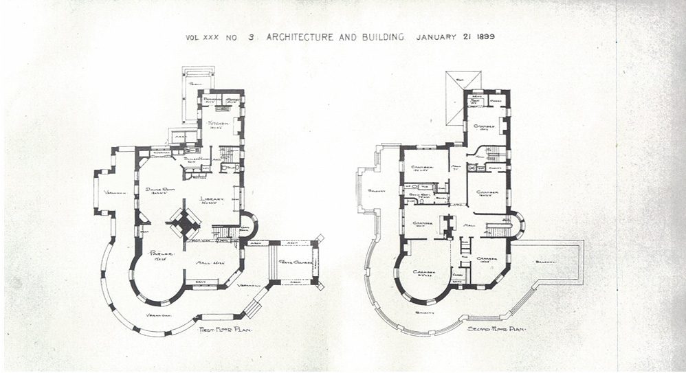 Floorplans depicting the original layout of Hearthstone Castle Danbury before neglect and age caused a collapse of the upper floors.